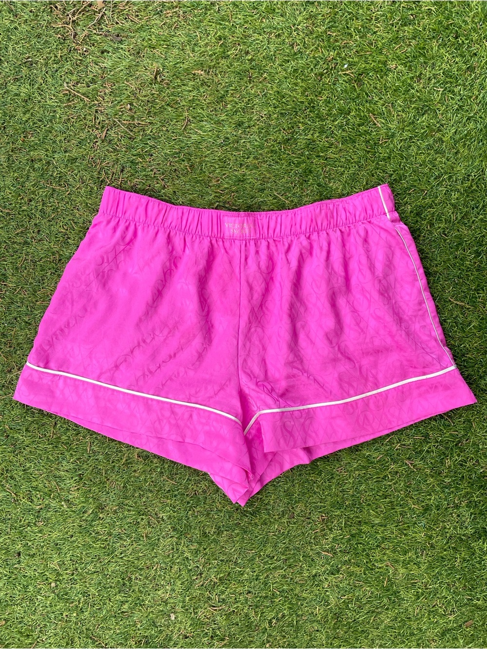 Victoria's Secret W L Hot Pink VS Logo Satin Lounge Pajama Shorts White Trim